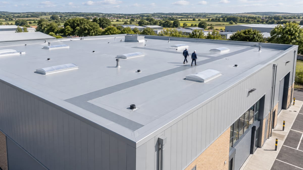 Aerial view of a completed light-grey commercial flat roof on a clad industrial unit, with rooflights, walkway paths and two roofers walking the finished membrane