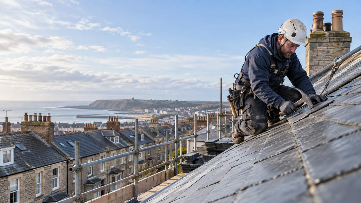 Roofer in a white helmet and safety harness fixing natural slates on a terrace roof, with scaffold, stone chimneys and the North East coastline behind