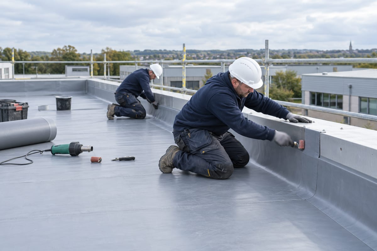 Two roofers in white helmets kneeling on a grey single-ply membrane flat roof, bonding the upstand to the parapet with a seam roller beside a hot-air welder