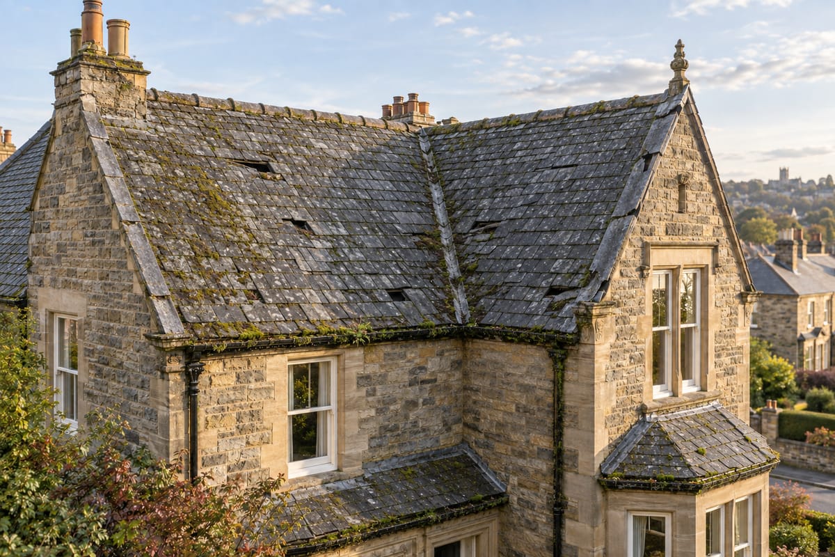 The same Victorian sandstone villa before restoration: moss-covered, weathered natural slates with slipped and missing slates, darkened lead at the gables and valley, and gutters choked with moss and weeds